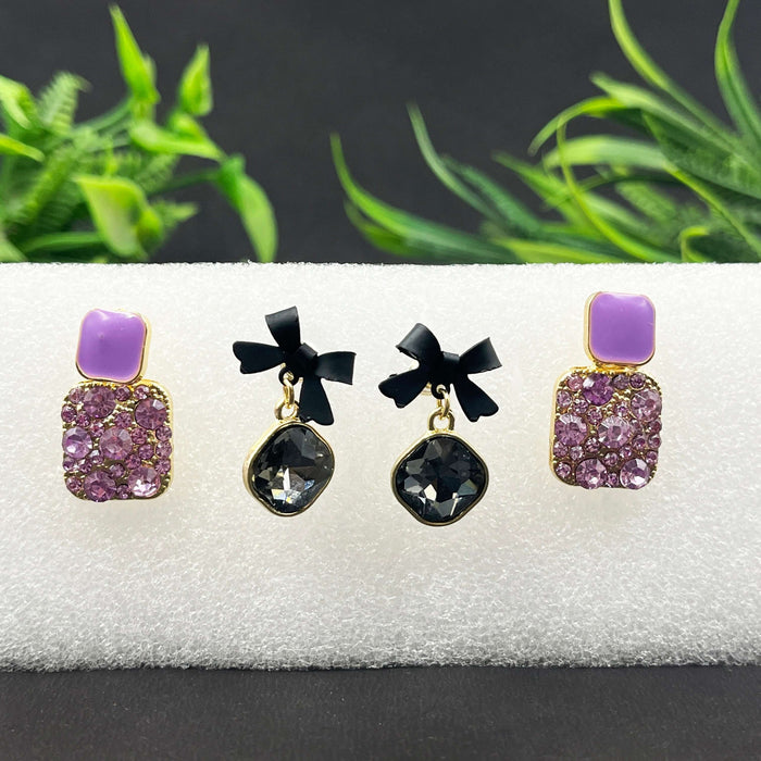 Combo of 2 Pairs Black Bow Crystal Drop & Lavender Stud Earrings
