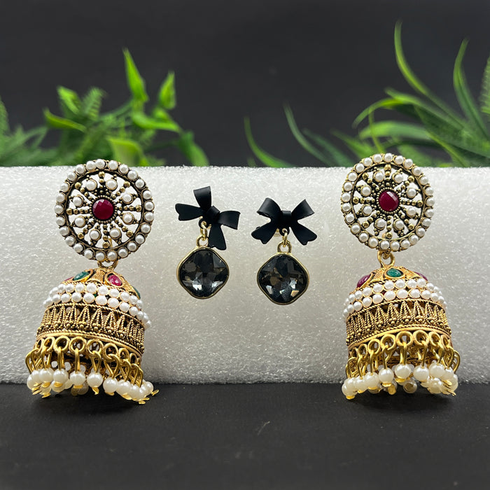 Traditional Gold-Plated Jhumka & Black Bow Crystal Drop Earrings – 2-Pair Festive & Trendy Set