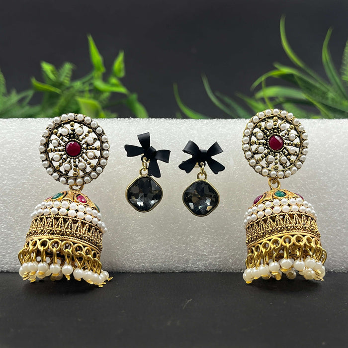 Combo of 2 Pairs Traditional Gold-Plated Jhumka & Black Bow Crystal Drop Earrings