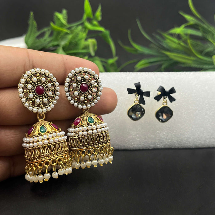 Combo of 2 Pairs Traditional Gold-Plated Jhumka & Black Bow Crystal Drop Earrings
