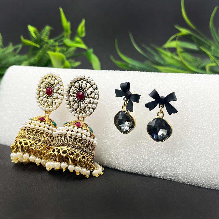 Combo of 2 Pairs Traditional Gold-Plated Jhumka & Black Bow Crystal Drop Earrings