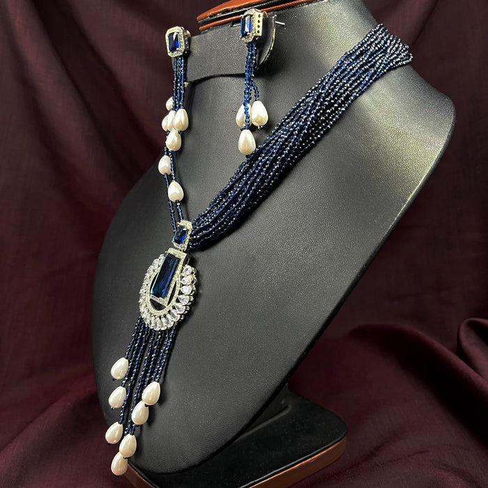 Beautiful Necklace Set with Blue Beads, Pearls & AD Stones