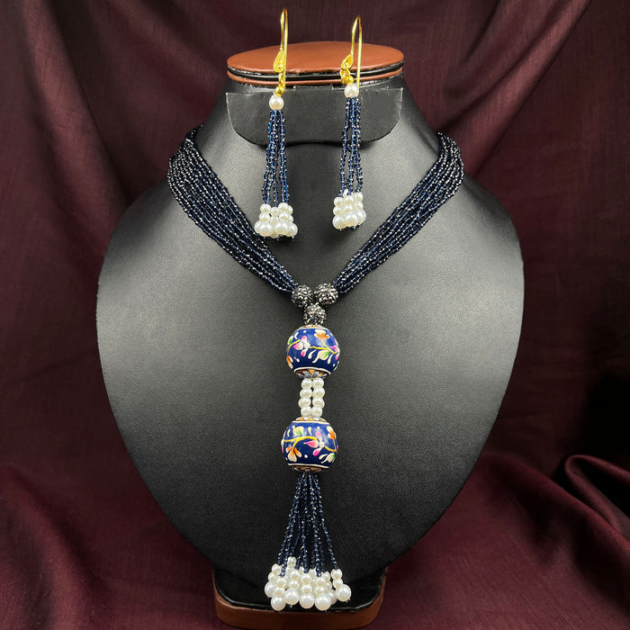 Blue Beads and Pearl Garland Necklace and Earrings Set