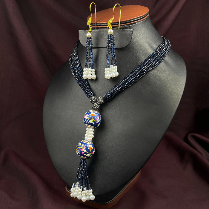 Blue Beads and Pearl Garland Necklace and Earrings Set