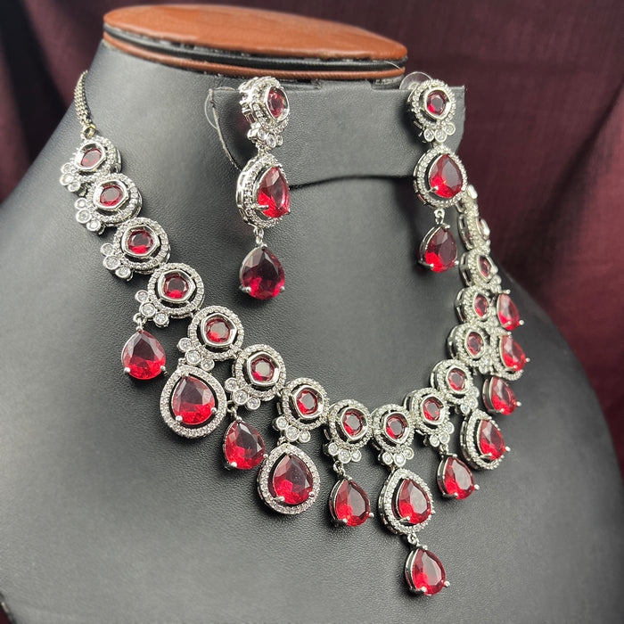 Silver-Plated Ruby & AD-Stones Studded Jewellery Set