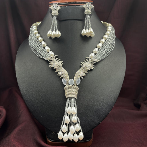 Beautiful Stylish Grey Beads & Pearls Studded Silver Plated Necklace and Earring Set for Women and Girls