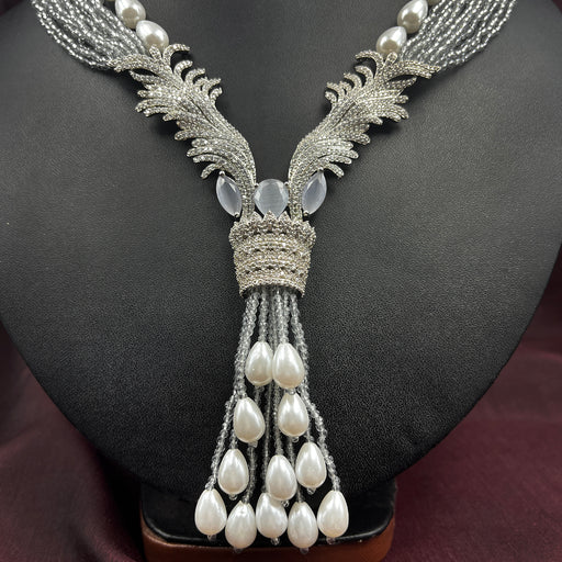 Beautiful Stylish Grey Beads & Pearls Studded Silver Plated Necklace and Earring Set for Women and Girls