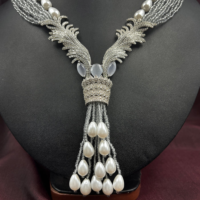 Beautiful Stylish Grey Beads & Pearls Studded Silver Plated Necklace and Earring Set for Women and Girls