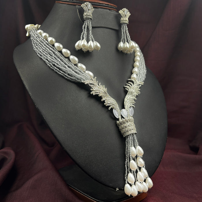 Beautiful Stylish Grey Beads & Pearls Studded Silver Plated Necklace and Earring Set for Women and Girls