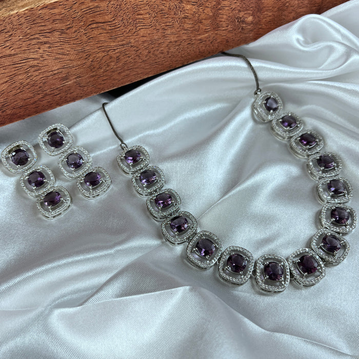 Amethyst & CZ Stones Silver Plated Necklace and Earrings Set