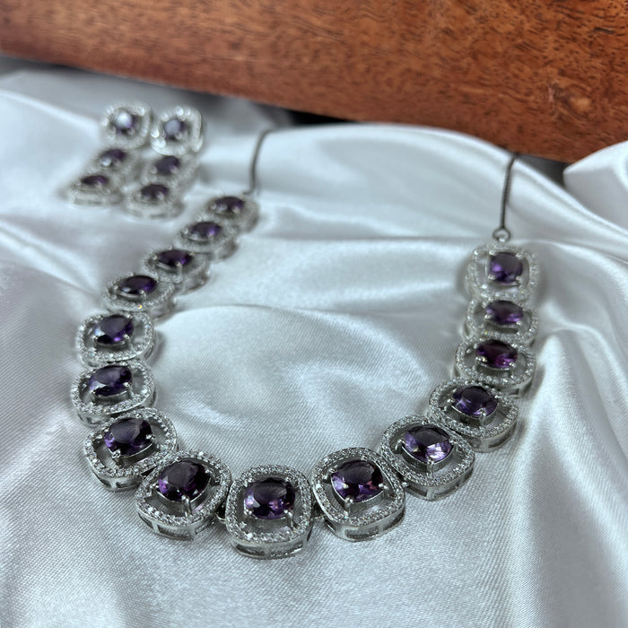 Amethyst & CZ Stones Silver Plated Necklace and Earrings Set