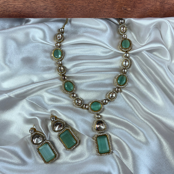 Aqua Chalcedony & AD Stones Silver Set: Timeless Elegance