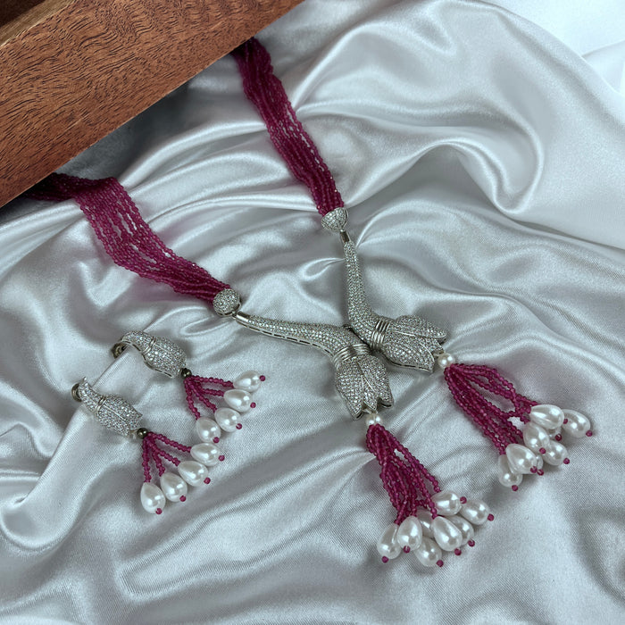 Rose Shape CZ Stones and Pearls Studded Silver Plated Jewelry Set