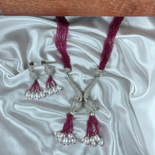 Rose Shape CZ Stones and Pearls Studded Silver Plated Jewelry Set