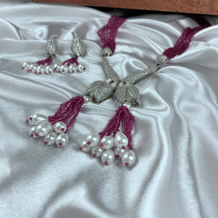 Rose Shape CZ Stones and Pearls Studded Silver Plated Jewelry Set