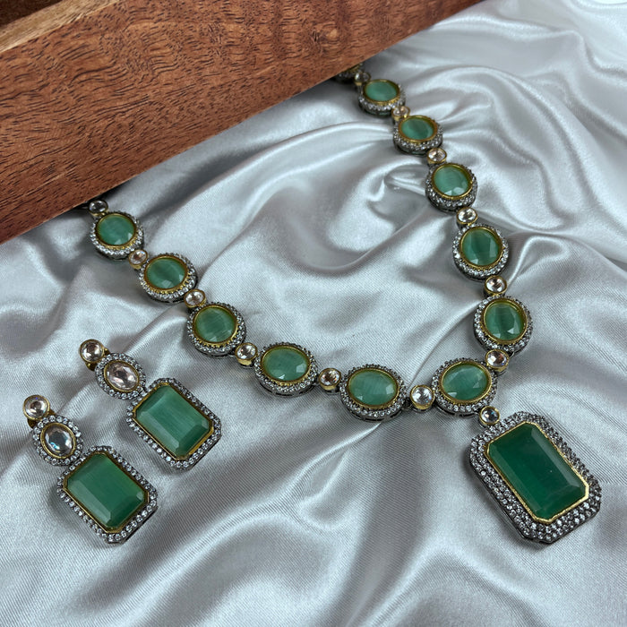 Radiant Aqua Chalcedony & CZ Gold Plated Jewelry Set