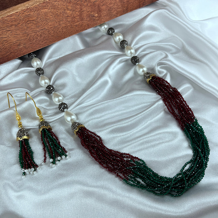 Red & Green Beads with Pearls Gold Plated Garland Necklace and Earrings Set