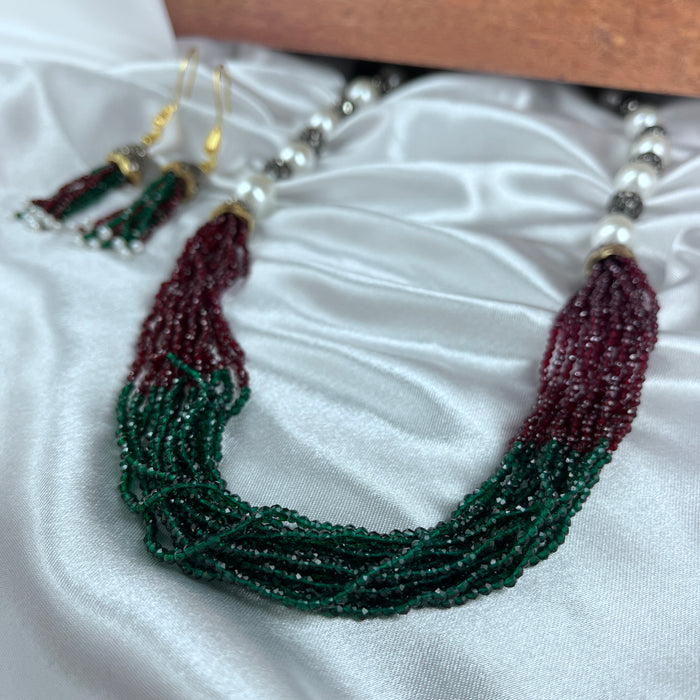 Red & Green Beads with Pearls Gold Plated Garland Necklace and Earrings Set