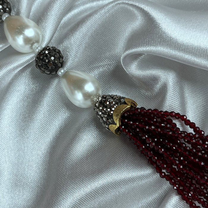 Red & Green Beads with Pearls Gold Plated Garland Necklace and Earrings Set