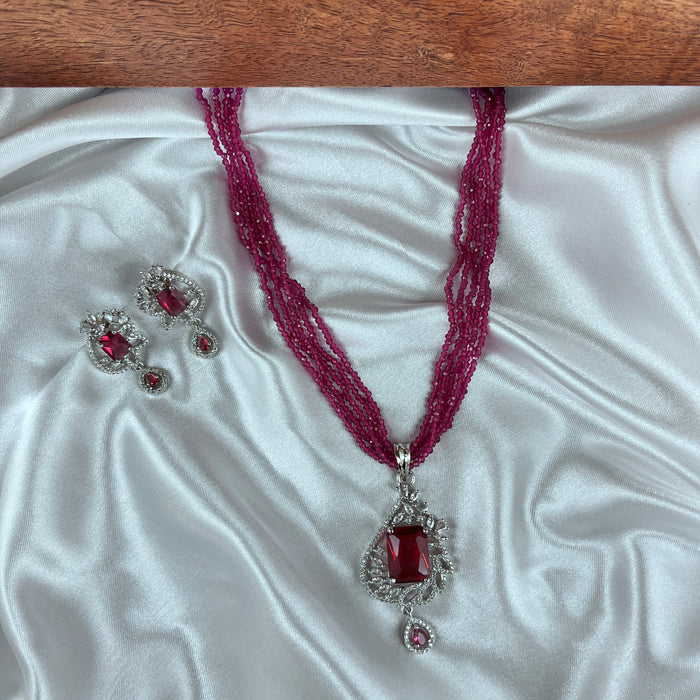 Red Beads Garland Necklace Pendant & Earrings Set