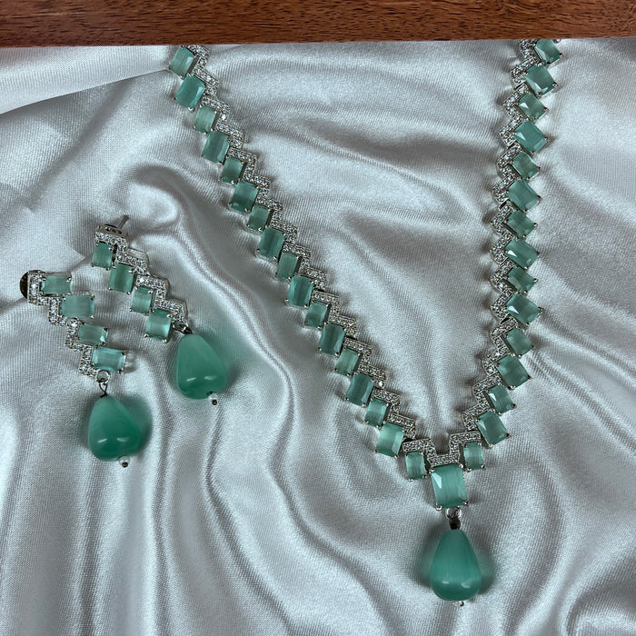 Beautiful Aquamarine & AD Stones Studded Silver Plated Necklace and Earring Set for Women and Girls