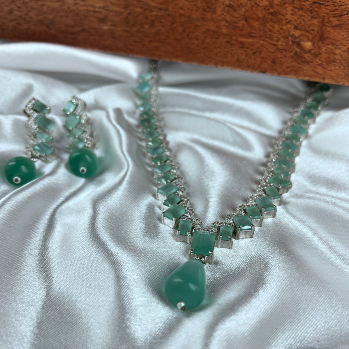 Beautiful Aquamarine & AD Stones Studded Silver Plated Necklace and Earring Set for Women and Girls