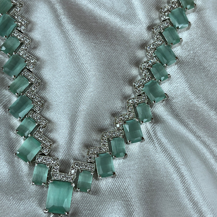 Beautiful Aquamarine & AD Stones Studded Silver Plated Necklace and Earring Set for Women and Girls
