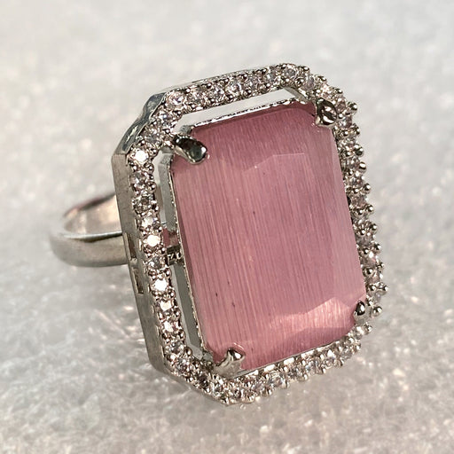Artificial Rose Quartz & CZ Silver-plated Brass Ring