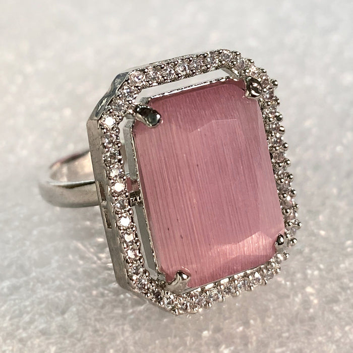 Artificial Rose Quartz & CZ Silver-plated Brass Ring