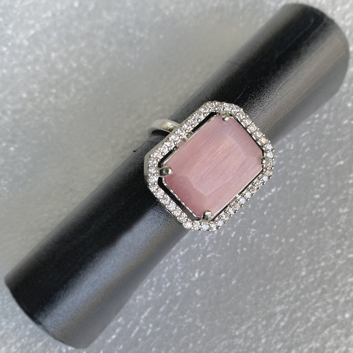 Artificial Rose Quartz & CZ Silver-plated Brass Ring