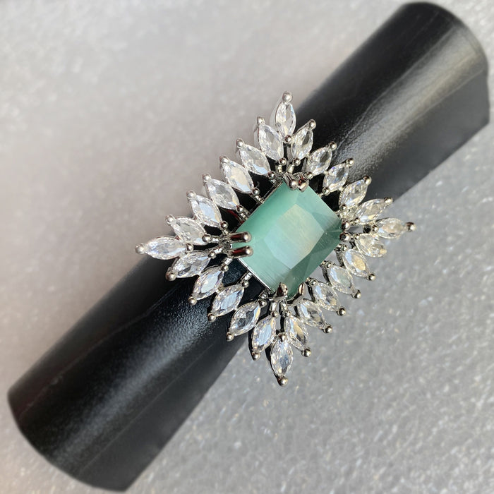 Aquamarine & CZ Silver-Plated Brass Finger Ring