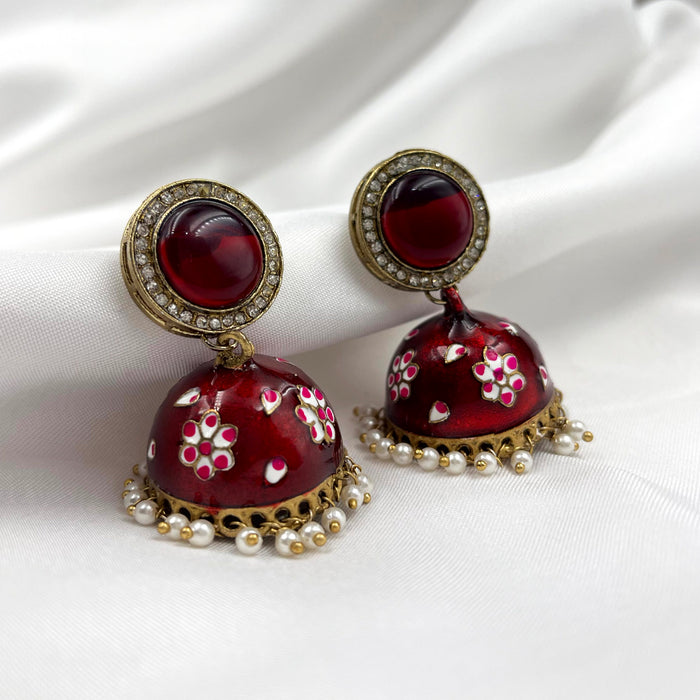 Beautiful Meenakari Gold-Plated Jhumka Earring Set with Pearls