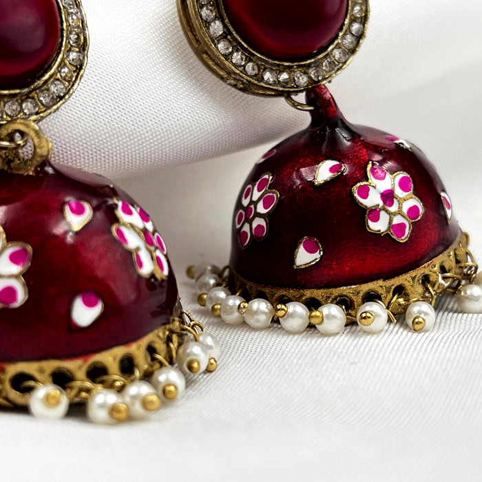 Beautiful Meenakari Gold-Plated Jhumka Earring Set with Pearls