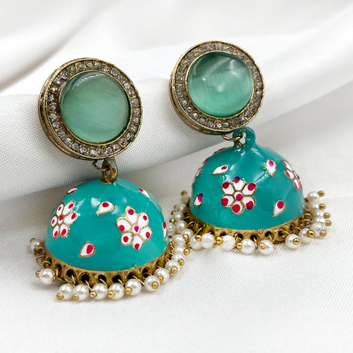 Gold-Plated Jhumka Earring Set with Sea Green Meenakari Work and Pearls for Girls and Women