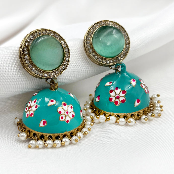 Gold-Plated Jhumka Earring Set with Sea Green Meenakari Work and Pearls for Girls and Women