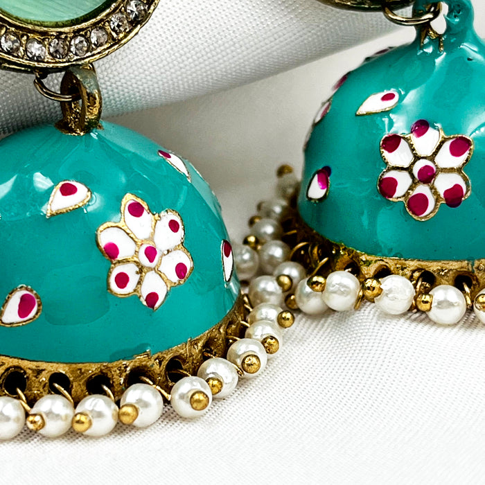 Gold-Plated Jhumka Earring Set with Sea Green Meenakari Work and Pearls for Girls and Women
