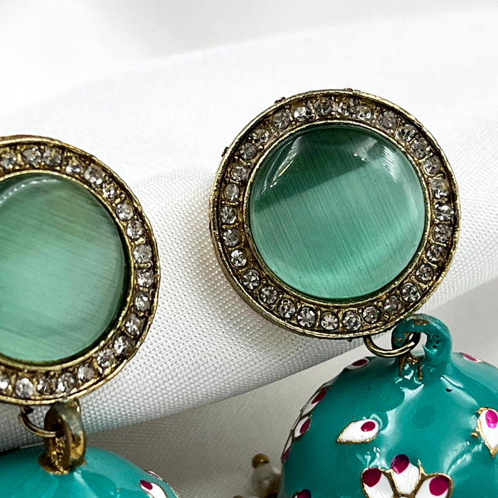 Gold-Plated Jhumka Earring Set with Sea Green Meenakari Work and Pearls for Girls and Women
