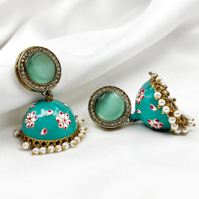 Gold-Plated Jhumka Earring Set with Sea Green Meenakari Work and Pearls for Girls and Women