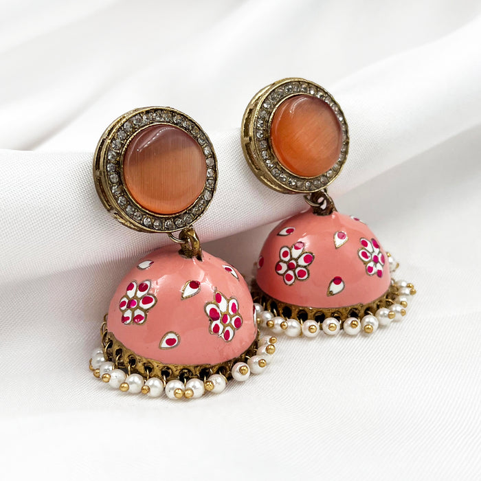 Gold-Plated Jhumka Earring Set with Peach Color Flower Design Meenakari Work and Pearls