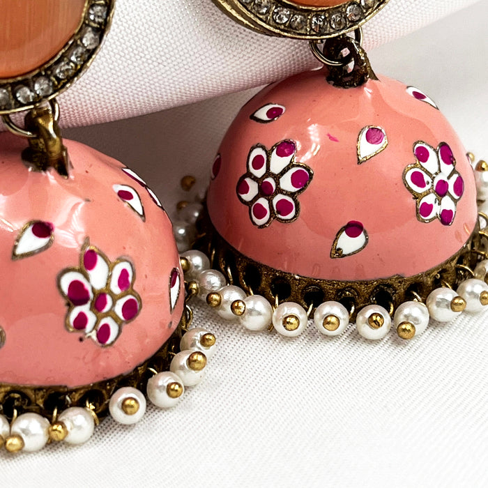 Gold-Plated Jhumka Earring Set with Peach Color Flower Design Meenakari Work and Pearls