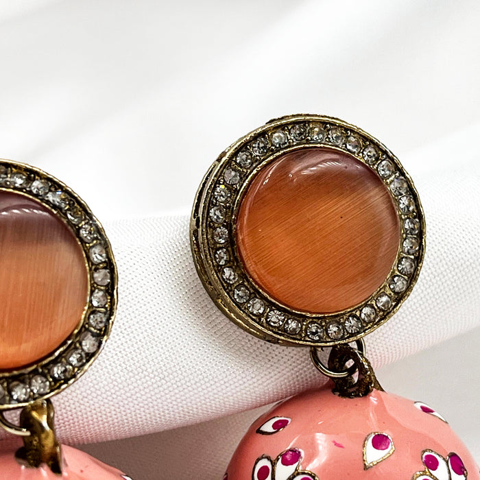 Gold-Plated Jhumka Earring Set with Peach Color Flower Design Meenakari Work and Pearls
