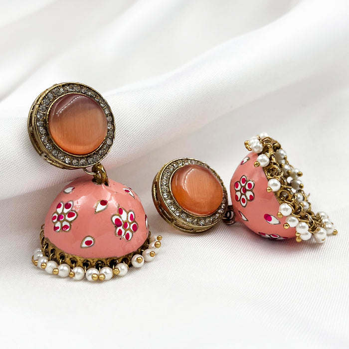 Gold-Plated Jhumka Earring Set with Peach Color Flower Design Meenakari Work and Pearls