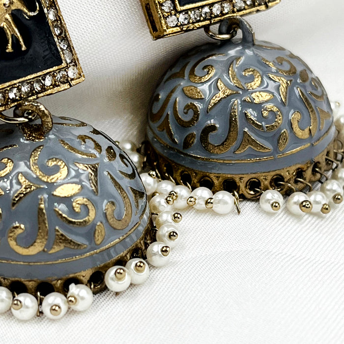 Gold-Plated Jhumka Earrings with Gray Elephant Design and Pearls