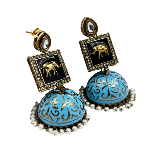 Gold-Plated Jhumka Earrings with Turquoise Blue Elephant Design