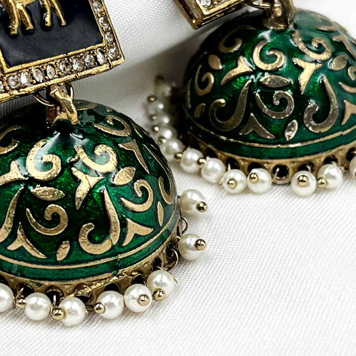 Beautiful Gold-Plated Olive Green Meenakari Jhumka Earring Set