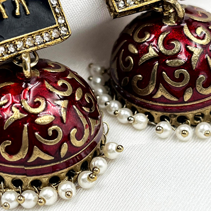 Beautiful Gold-Plated Red Meenakari Work Jhumka Earring Set with Pearls