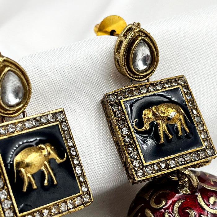 Beautiful Gold-Plated Red Meenakari Work Jhumka Earring Set with Pearls