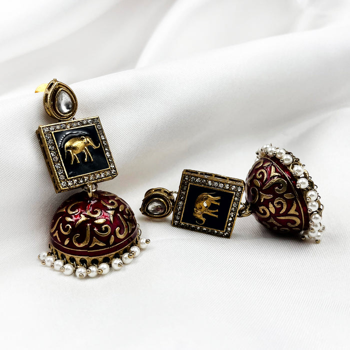 Beautiful Gold-Plated Red Meenakari Work Jhumka Earring Set with Pearls