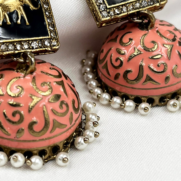 Beautiful Gold-Plated Jhumka Earrings with Peach Elephant Design and Pearls