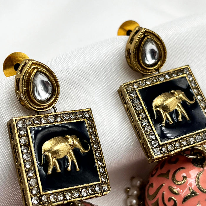Beautiful Gold-Plated Jhumka Earrings with Peach Elephant Design and Pearls